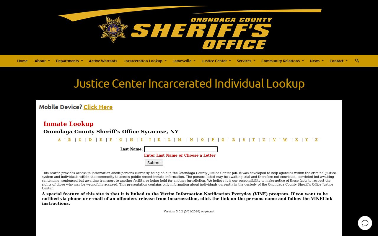 Town of Salina resident lookup Onondaga Sheriff jail lookup screen